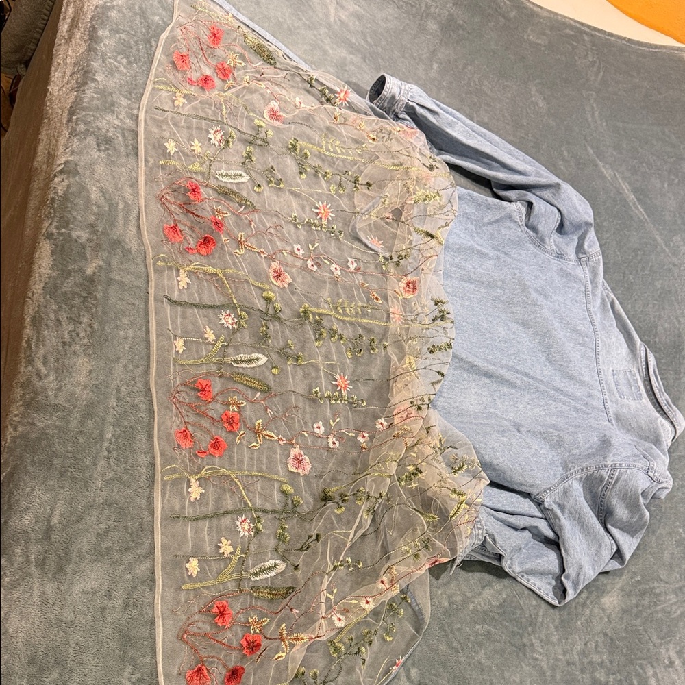 Levi's Light Blue Denim Duster w Sheer Floral Embroidered Length, size XL NWOT - Picture 10 of 10